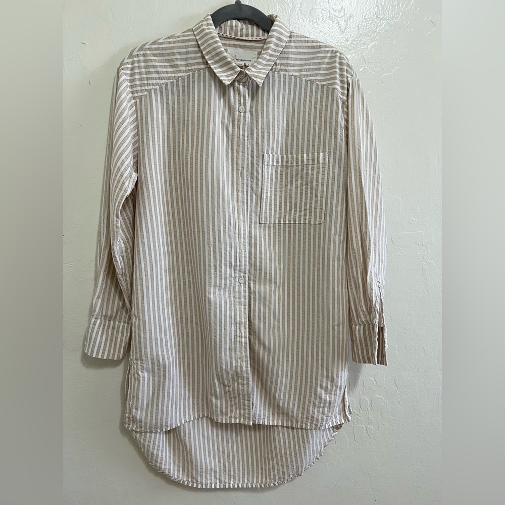 Anthropologie Long Line Striped Button Down Blouse